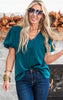 V-Neck Puff Sleeve Blouse Top - Hunter Green