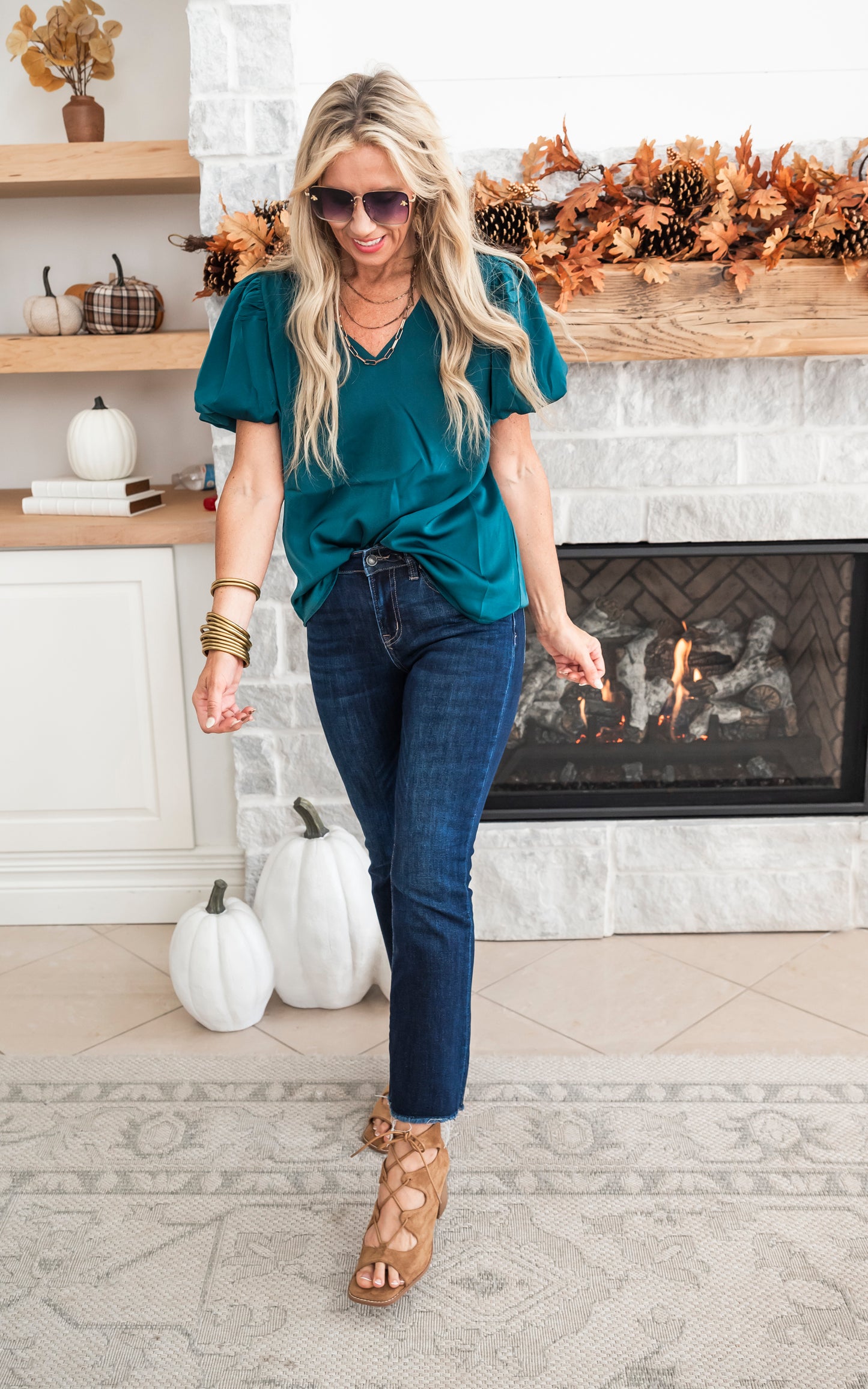 V-Neck Puff Sleeve Blouse Top - Hunter Green