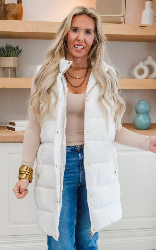 Ivory Long Hooded Puffer Vest