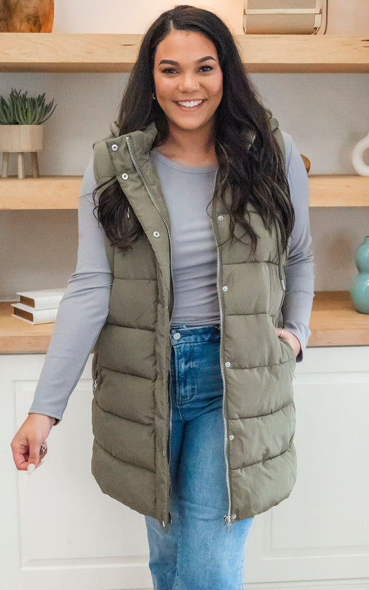 Olive Long Hooded Puffer Vest