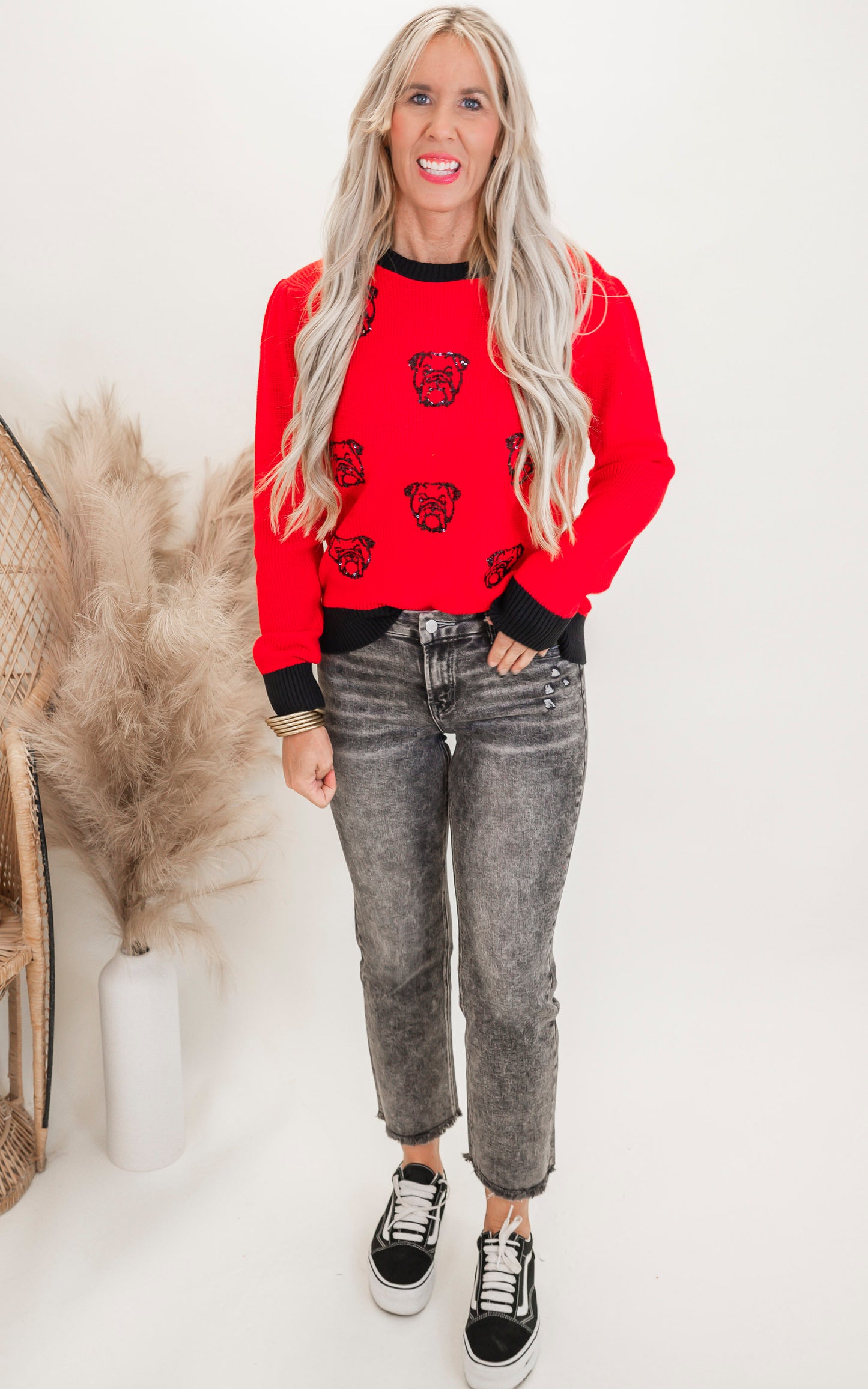 Sequin Multi Bull Dog Knit Long Sleeve Sweater