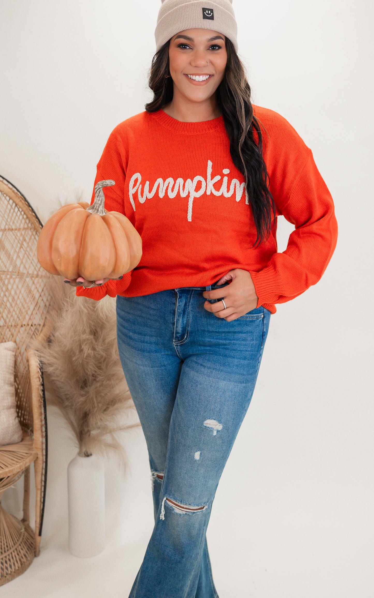 Pumpkin Letter Embosed Sweater Top