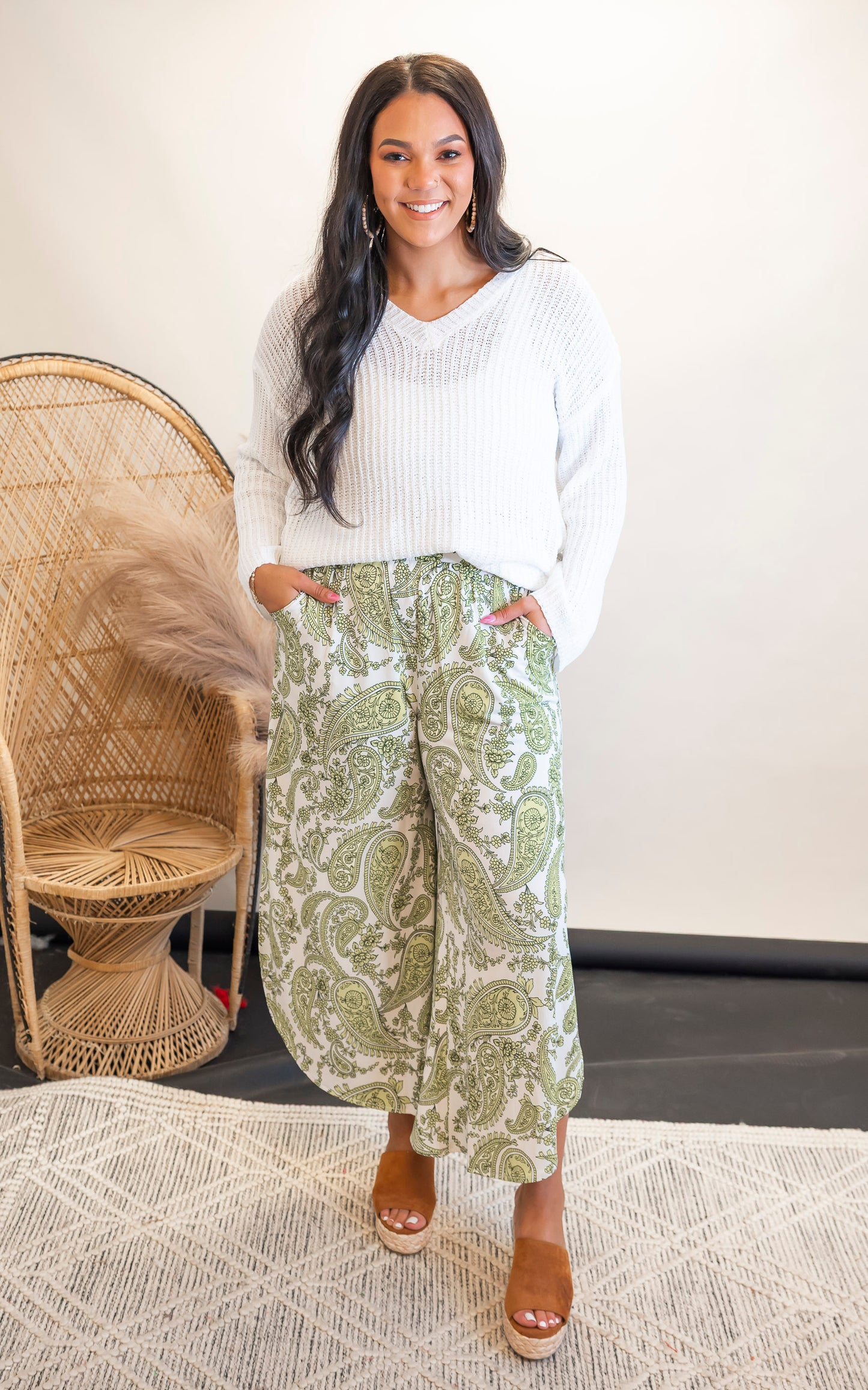 Printed Smocking Waist Side Slit Round Hem Pants