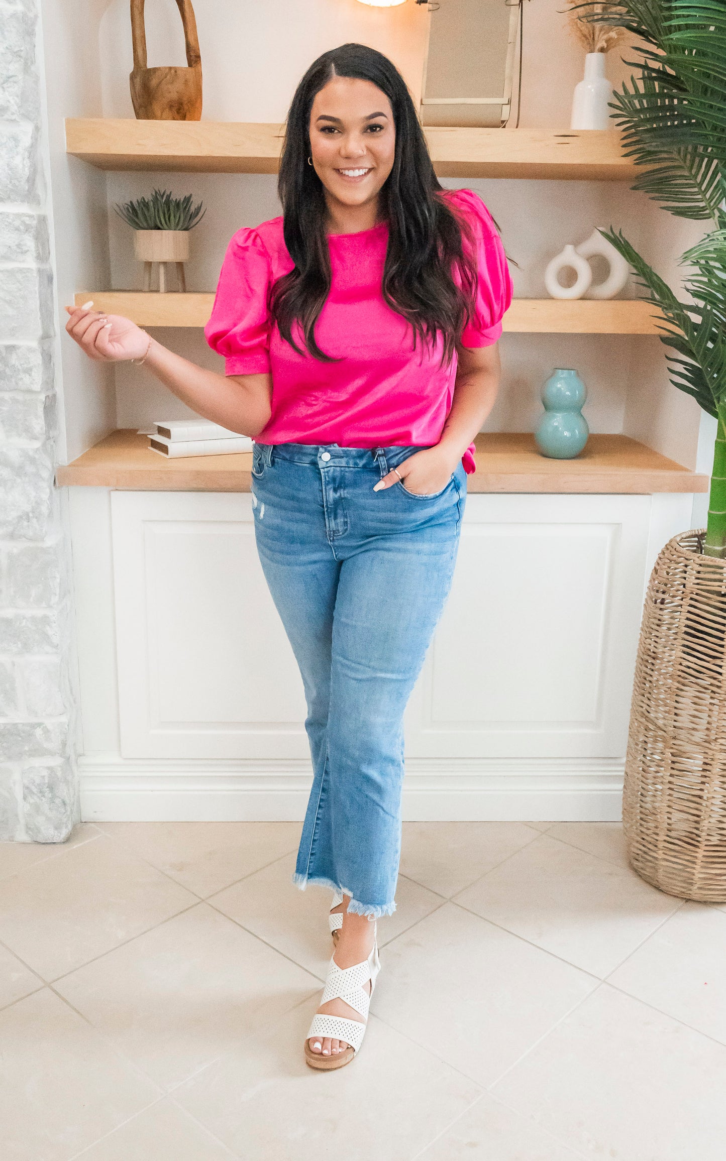 Hot Pink Glossy Short Sleeve Top