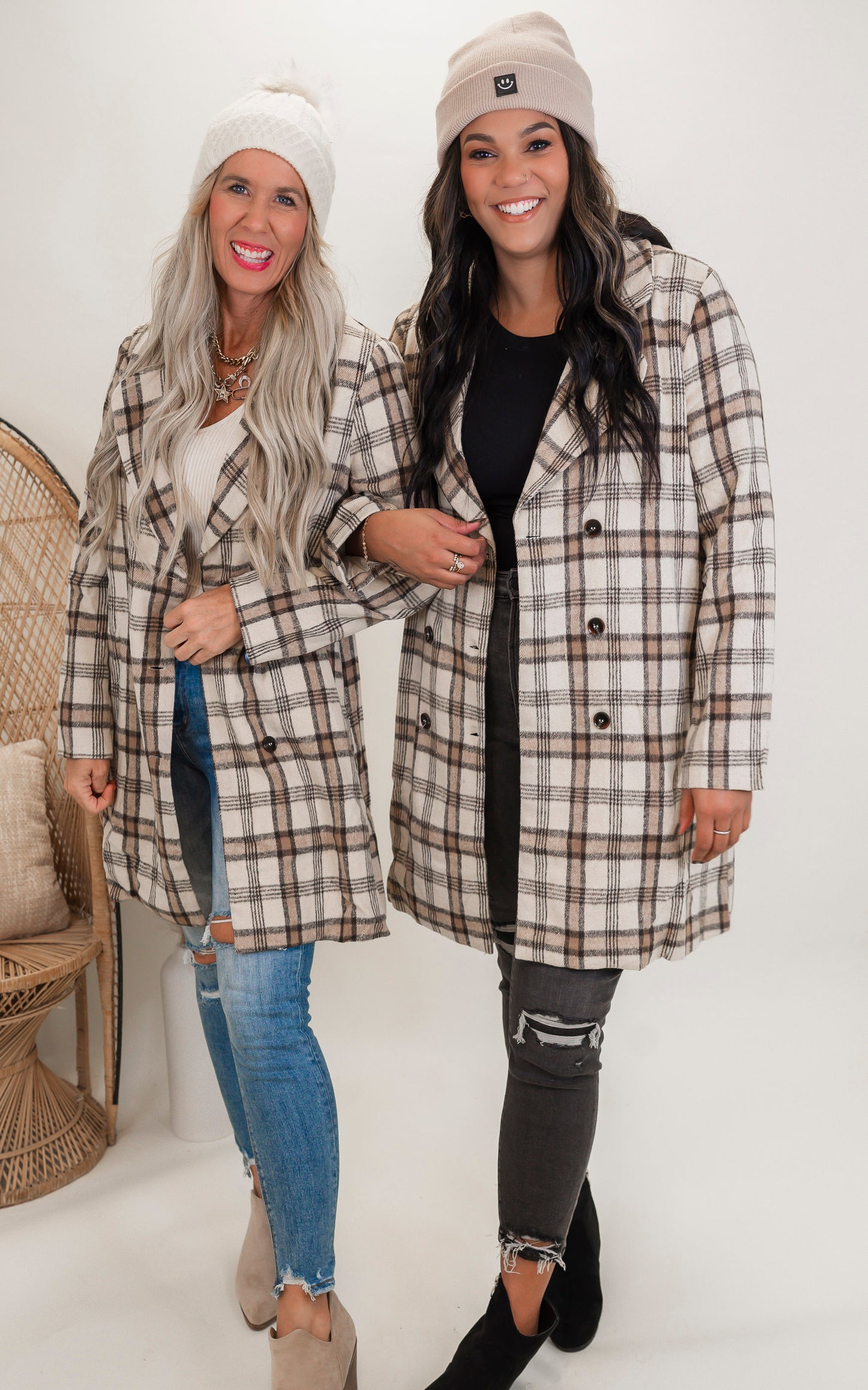 Ivory Double Breasted Plaid Long Coat