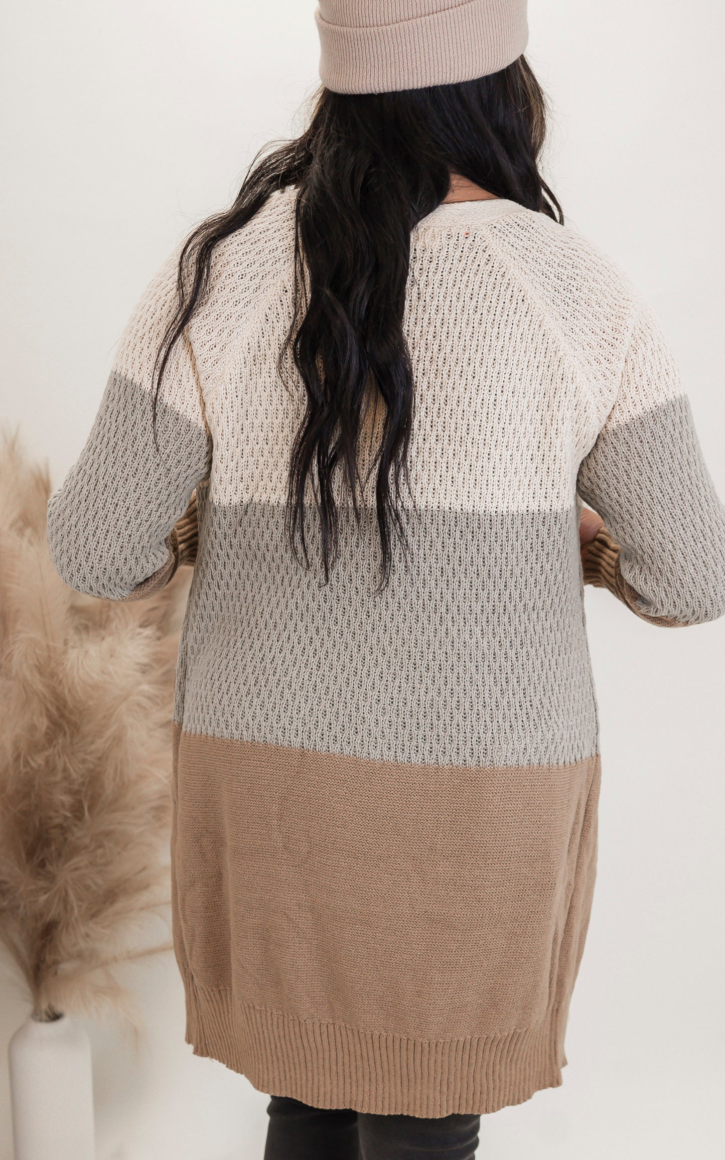 Beige Colorblock Long Sweater Cardigan