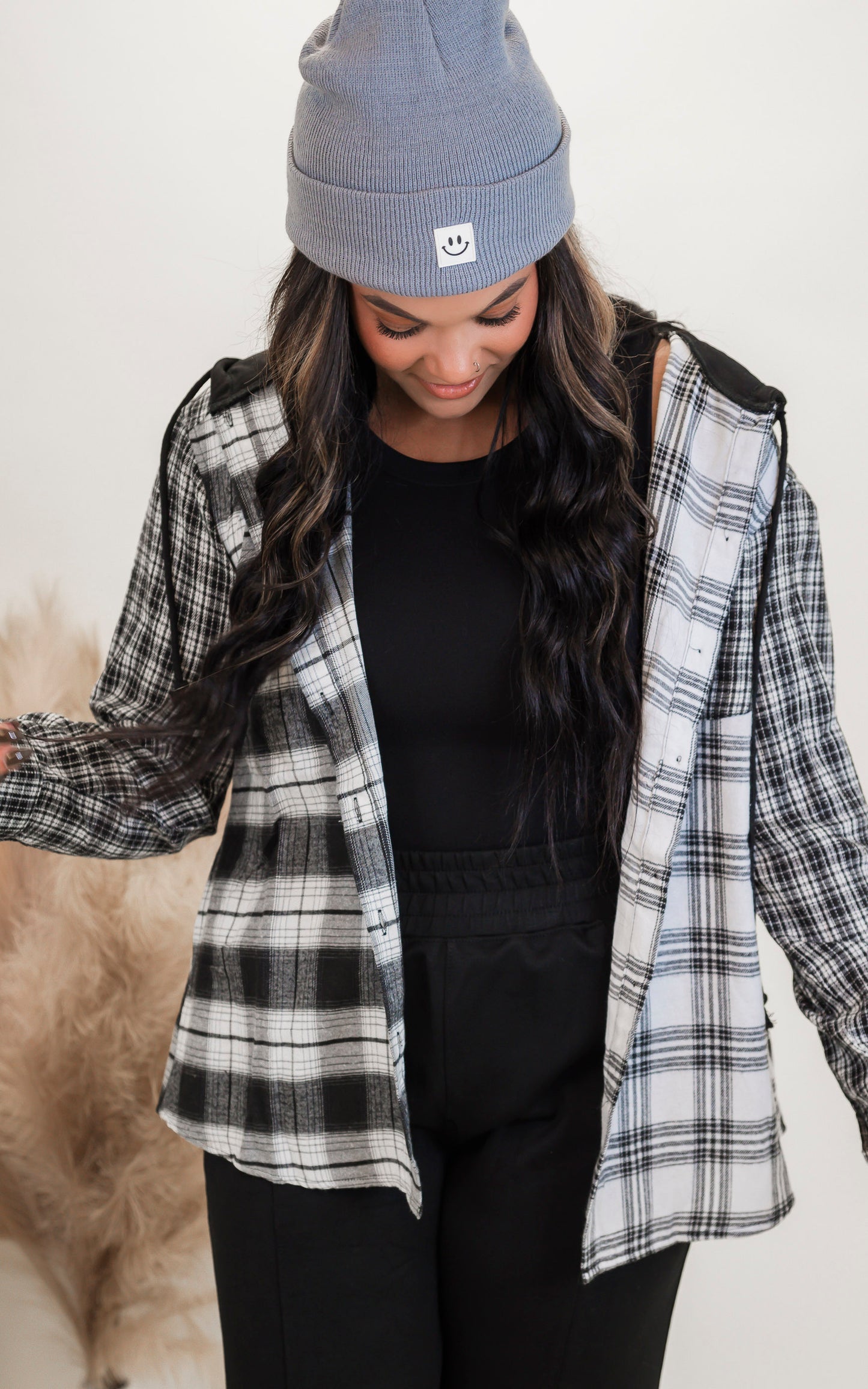 Black Hooded Contrast Plaid Jacket