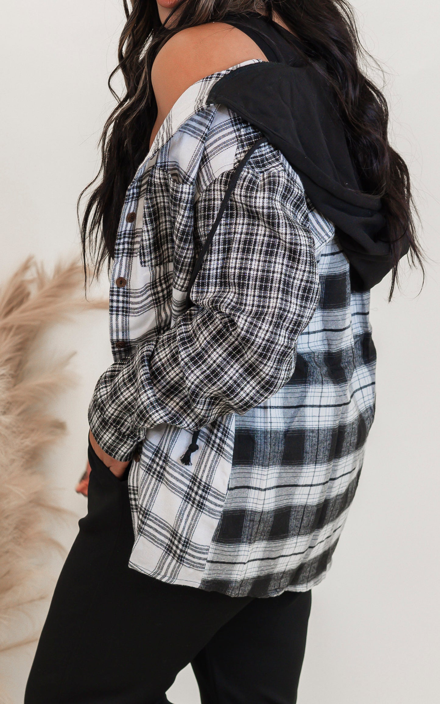 Black Hooded Contrast Plaid Jacket