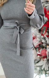 Heather Grey Turtleneck Midi Sweater Dress with Belt