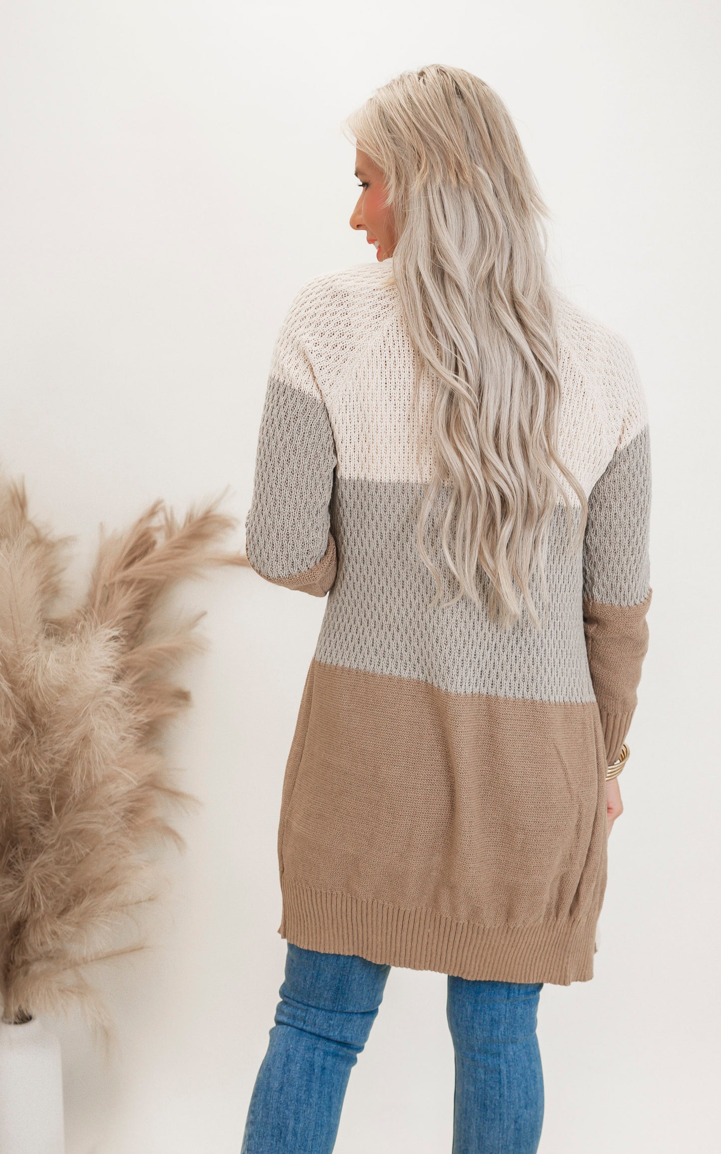 Beige Colorblock Long Sweater Cardigan