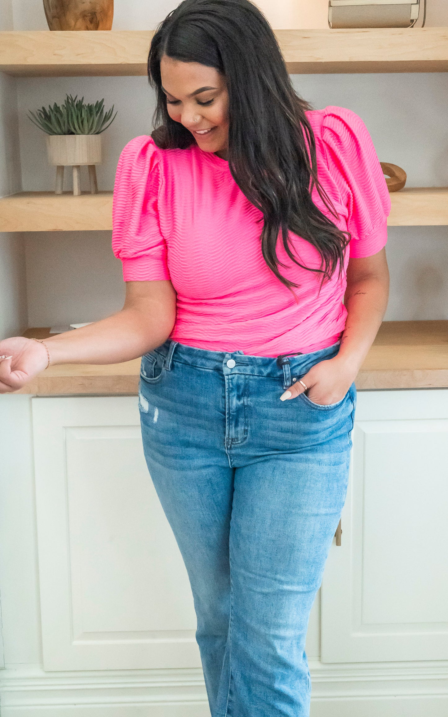 Hot Pink Textured Puff Sleeve Top