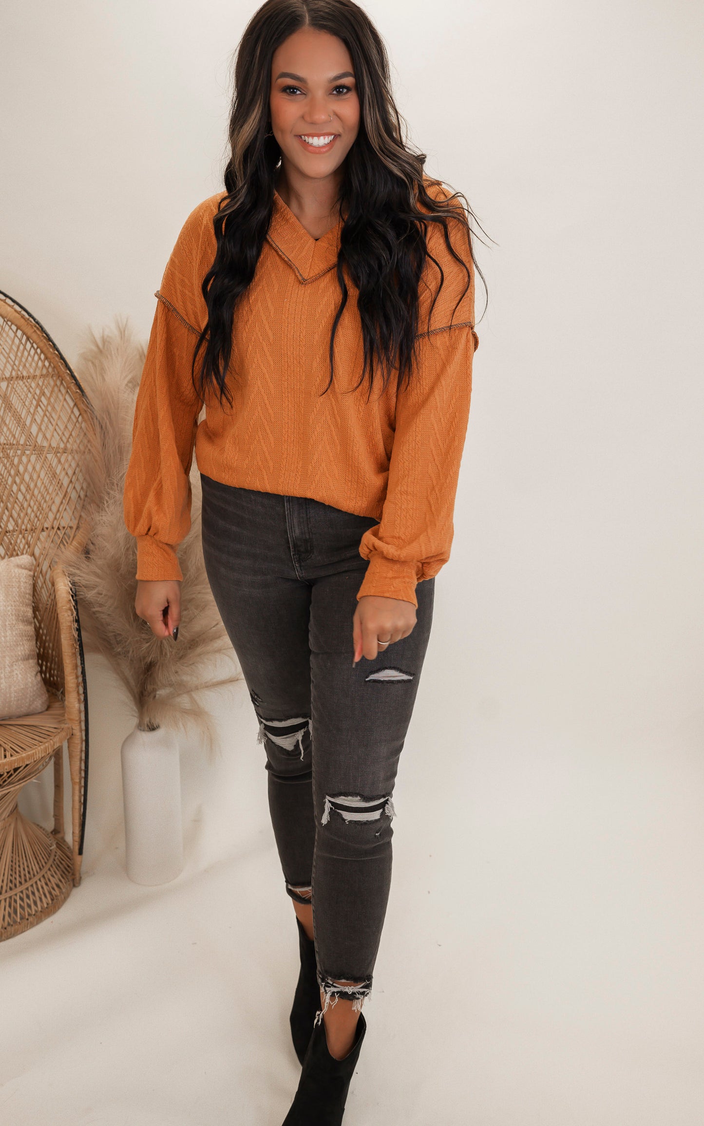 Rust Corded V-Neck Sweater