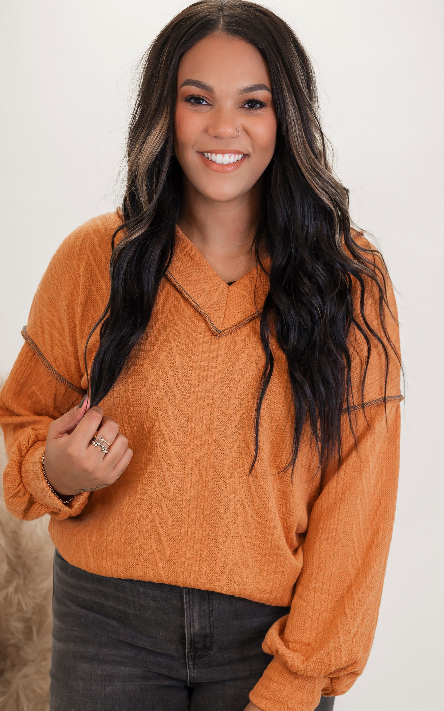 Rust Corded V-Neck Sweater