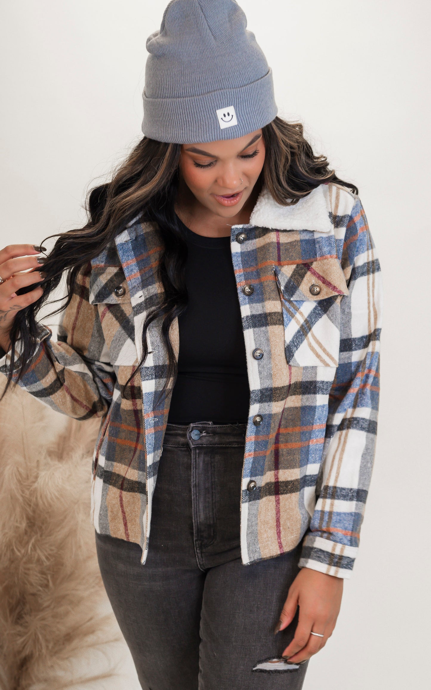 Vintage Plaid Collared Sherpa Shacket