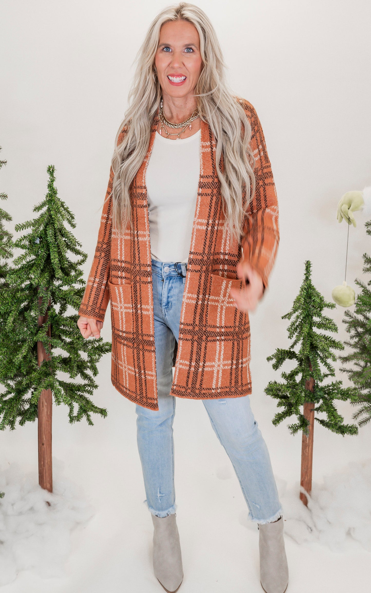 Toffee Jacquard Check Open Front Cardigan