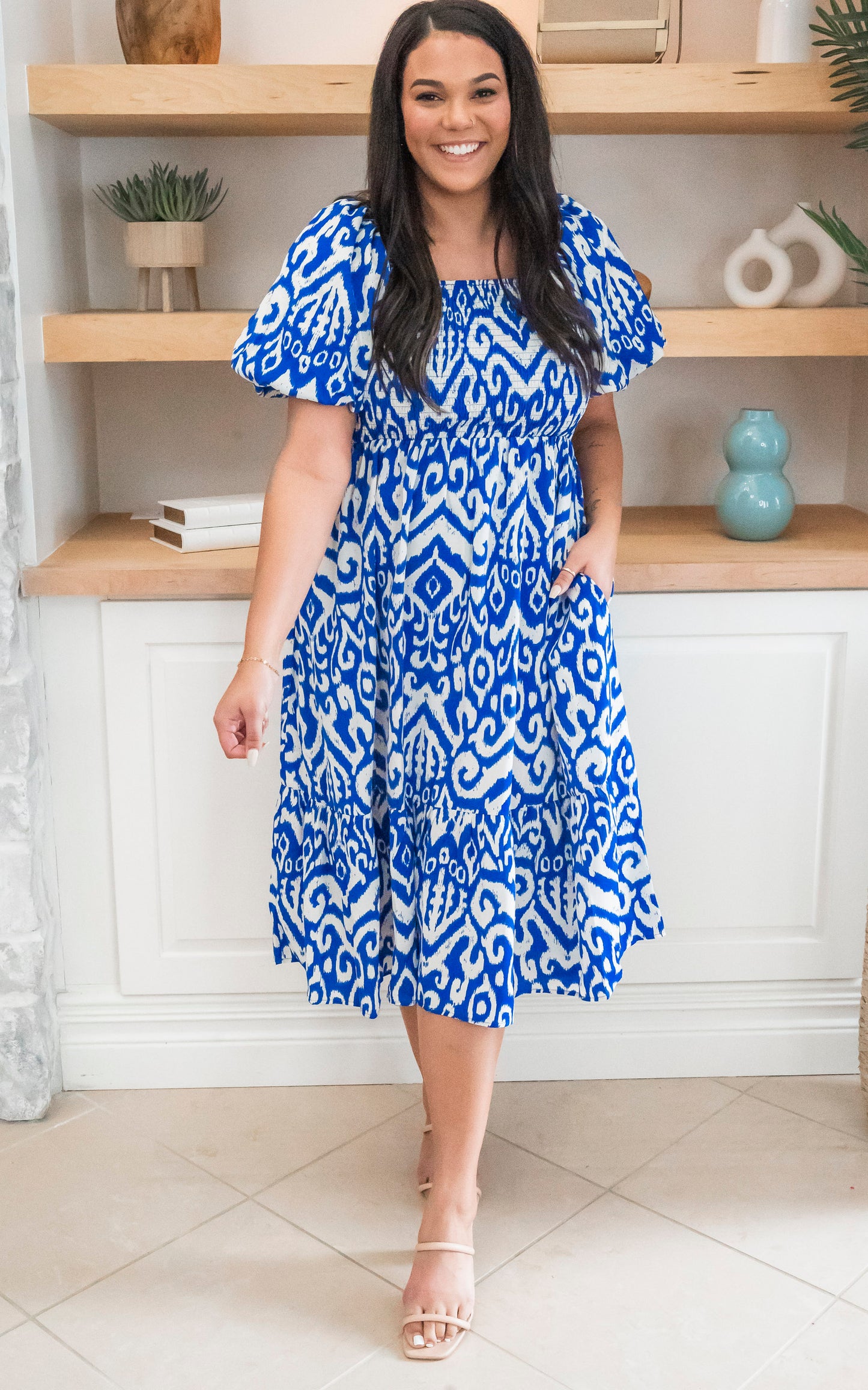 puff royal sleeve midi dress 