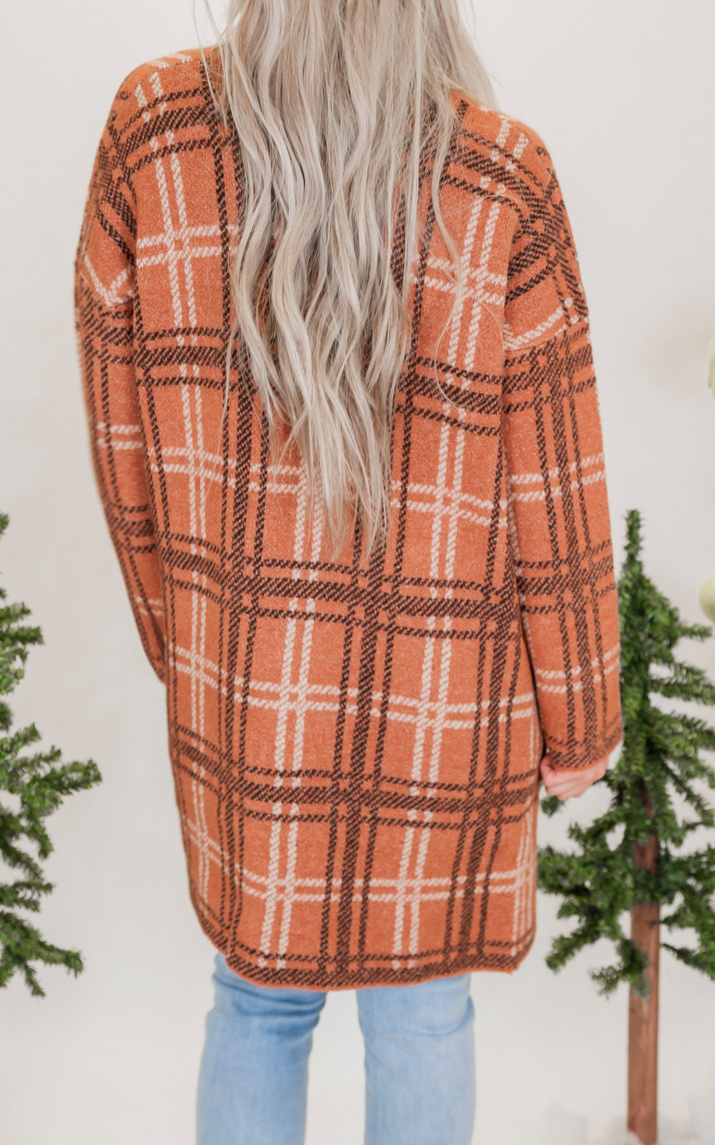 Toffee Jacquard Check Open Front Cardigan