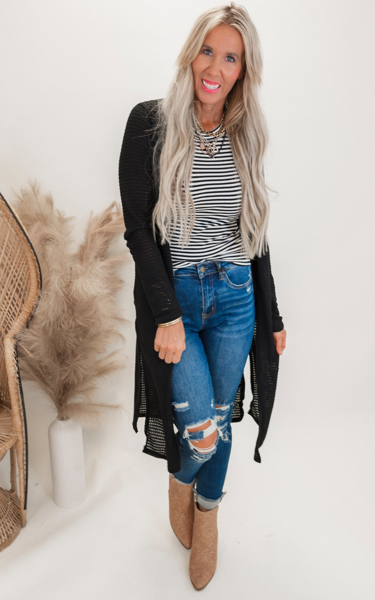 Solid Long Waffle Cardigan