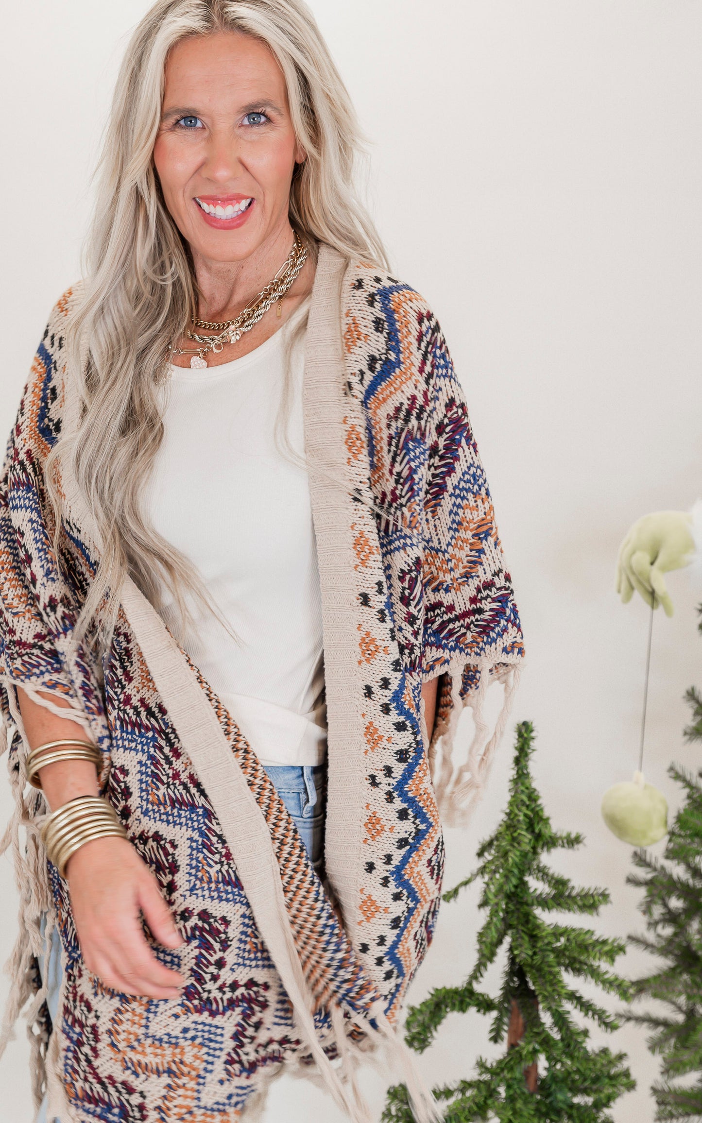 Beige Wavy Knitted Kimono w/ Fringe