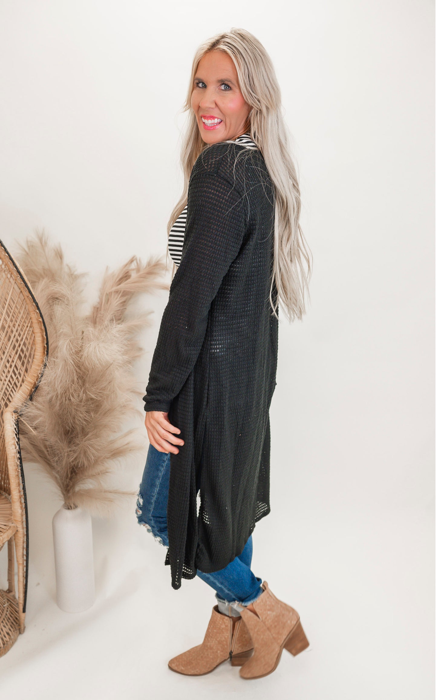 Solid Long Waffle Cardigan