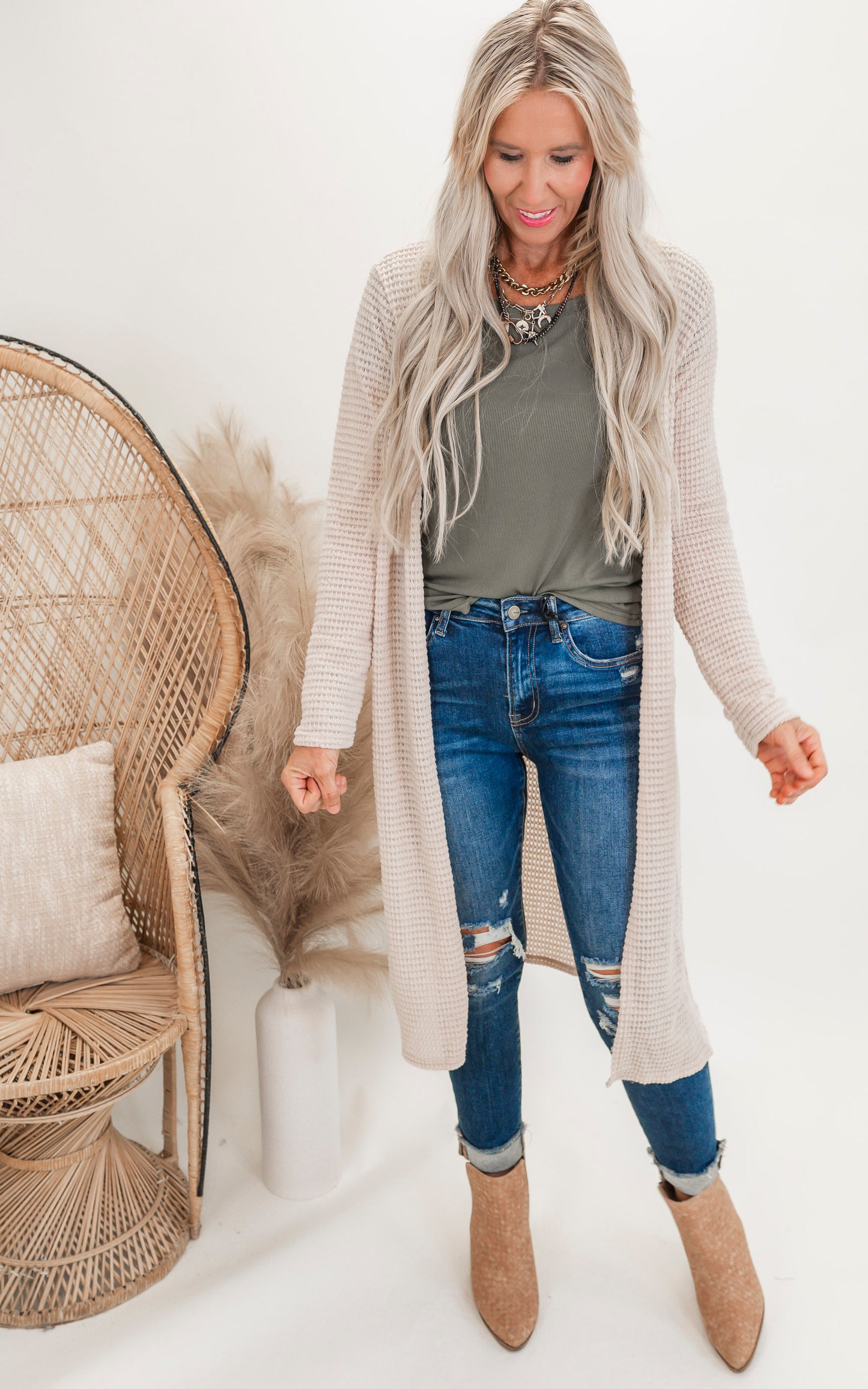 Solid Long Waffle Cardigan