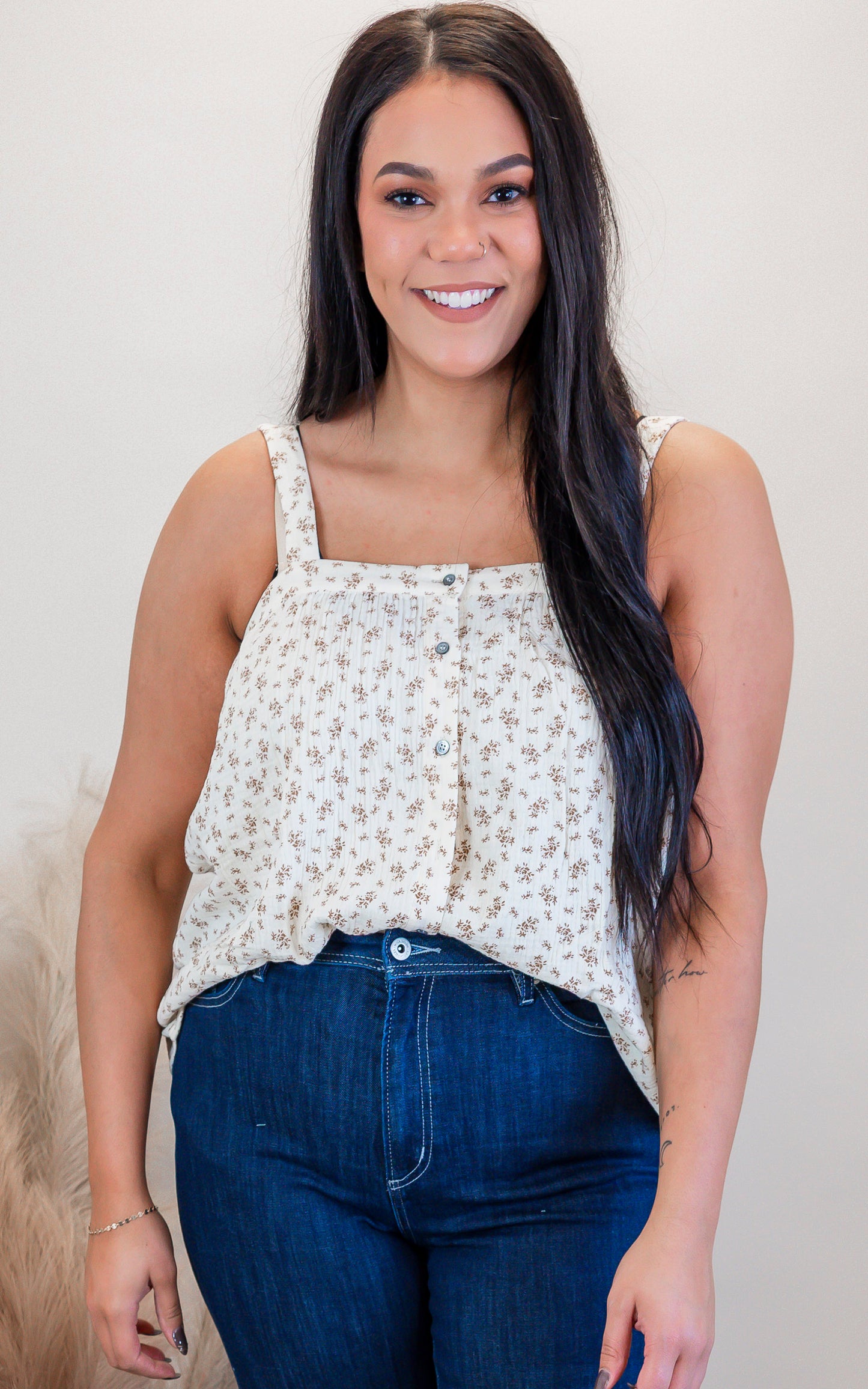 Ivory Button Print Cami Tank Top