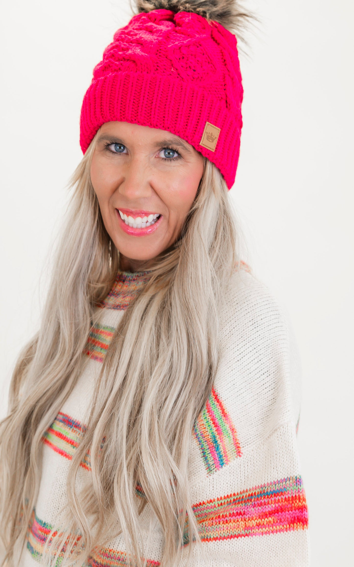 Bright Pink Cable Knit Pom Hat