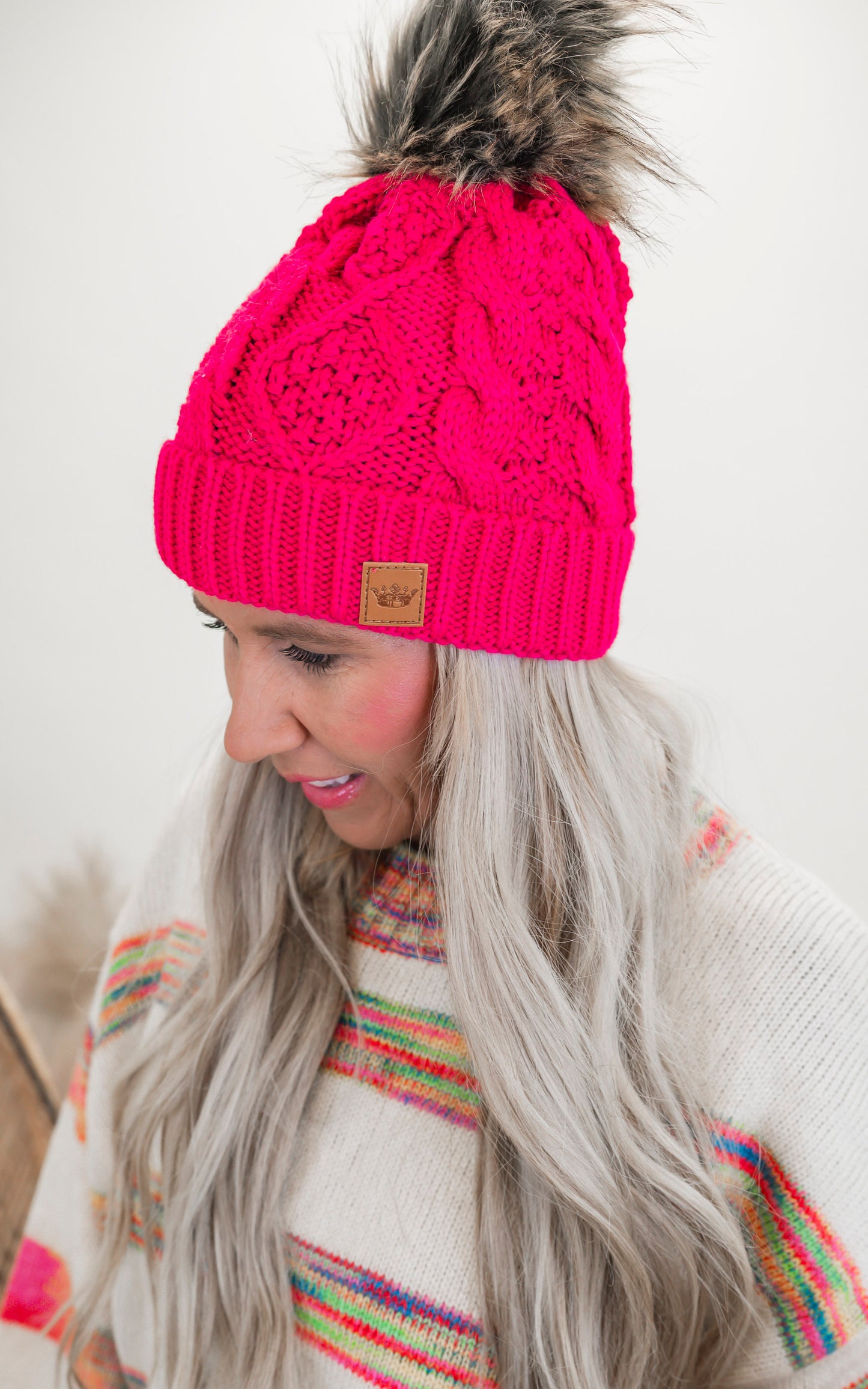 Bright Pink Cable Knit Pom Hat