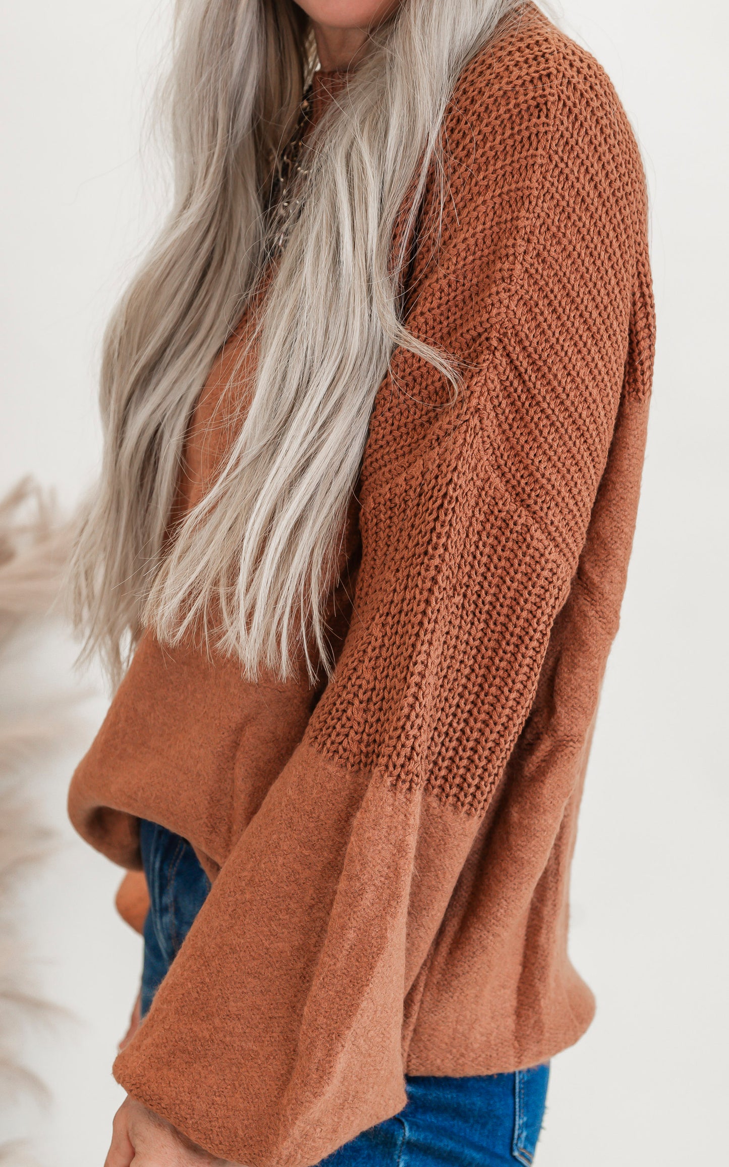 Camel Mock Neck Bubble Sleeve Knit Sweater