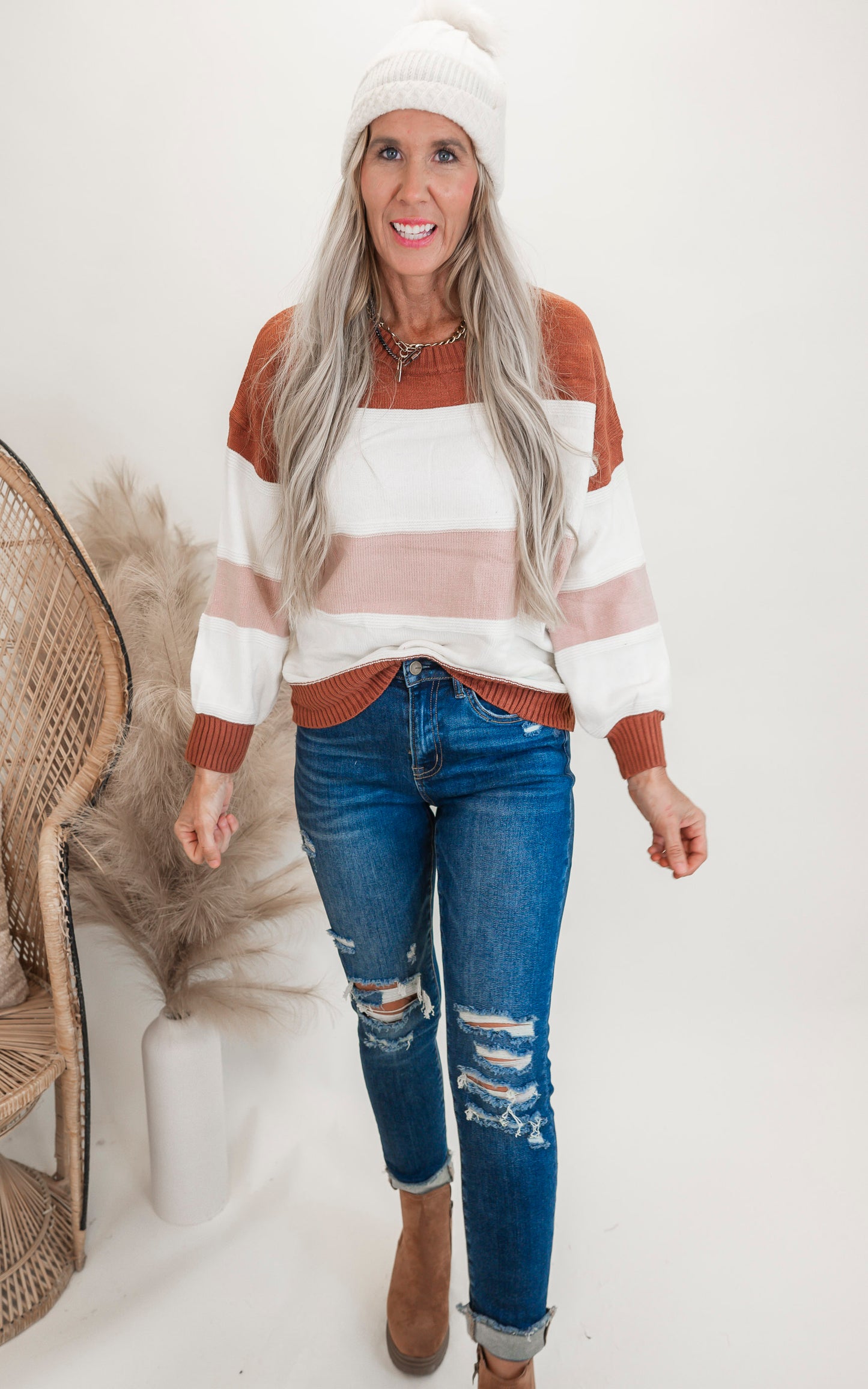 Rust Colorblock Striped Sweater Top