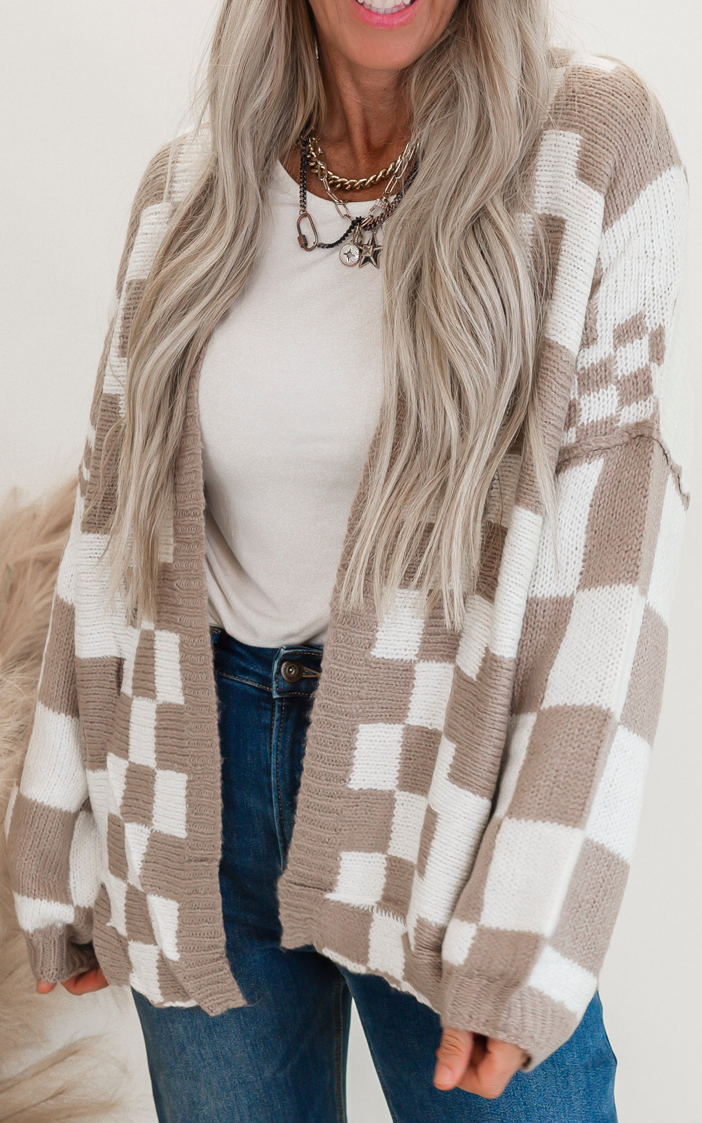 Mocha Checkered 2-Tone Cardigan