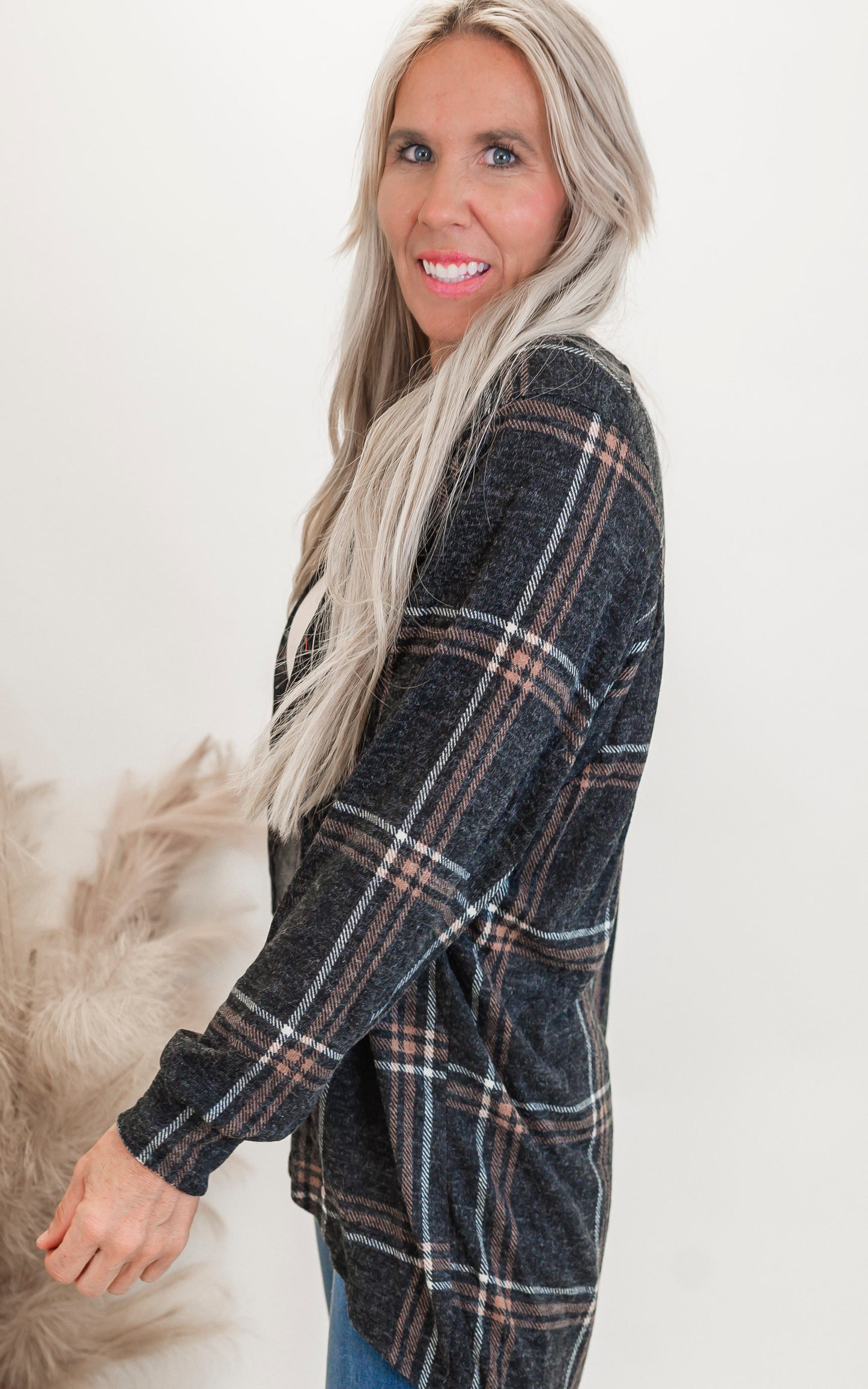 Puff Sleeve Plaid Cardigan