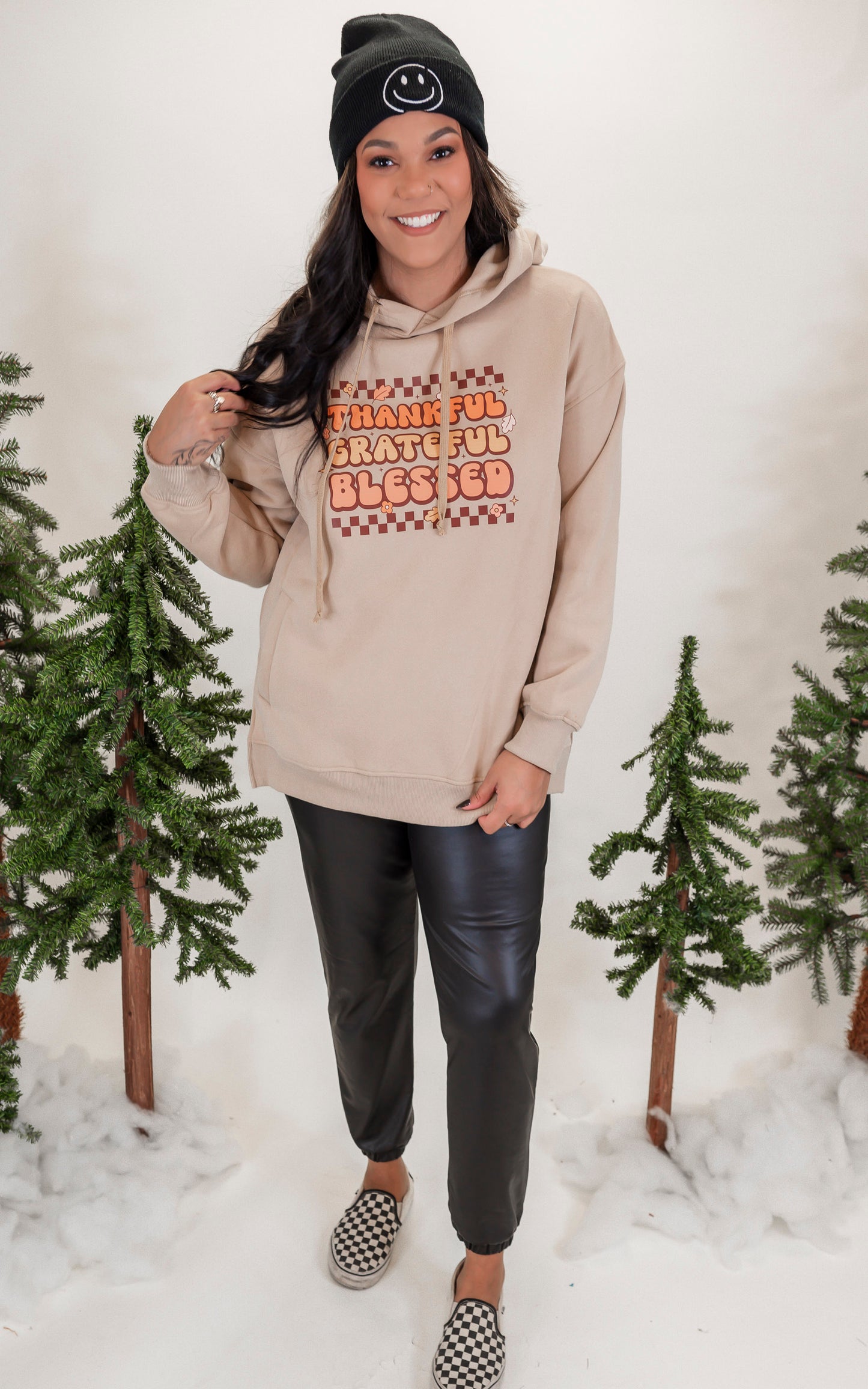 Thankful Grateful & Blessed Taupe Side Slit Hoodie - Final Sale