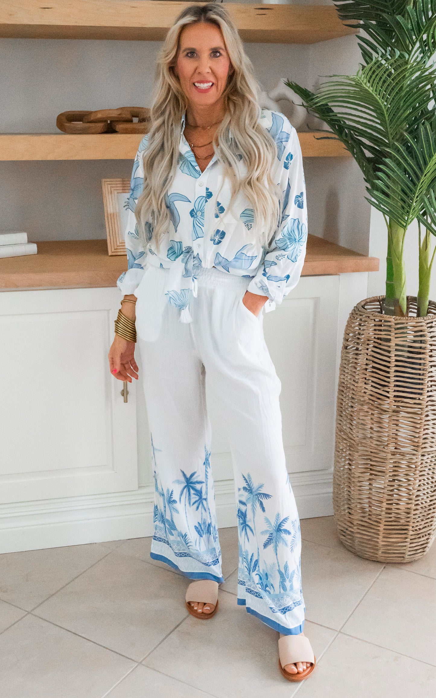 Blue Hibiscus Floral Button Down Top - Final Sale