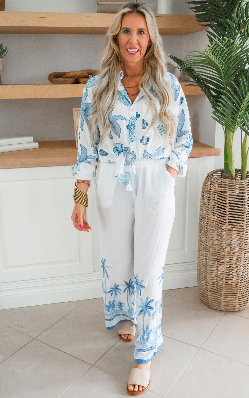 Blue Hibiscus Floral Button Down Top