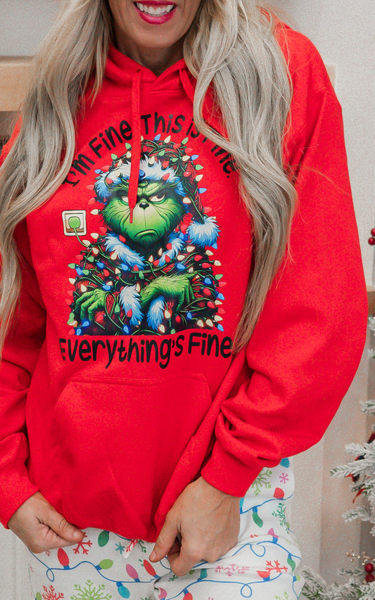 I'm Fine, This is Fine Mean Green Guy Holiday Red Graphic Hoodie**