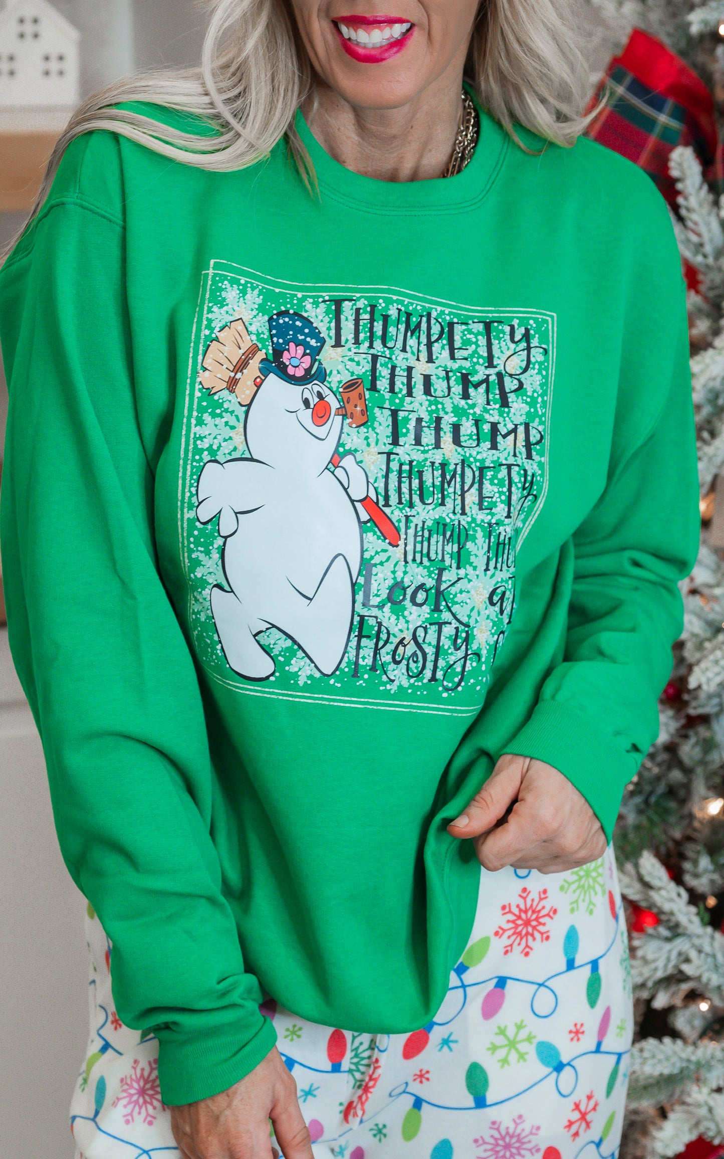 Thumpty Thump Thump Snowman Holiday Green Graphic Crewneck Sweatshirt