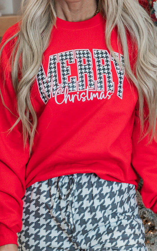 Houndstooth Merry Christmas Holiday Red Graphic Crewneck Sweatshirt