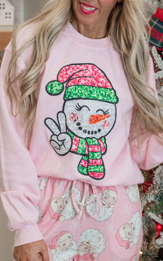 Sparkly Snowman Holiday Pink Graphic Crewneck Sweatshirt