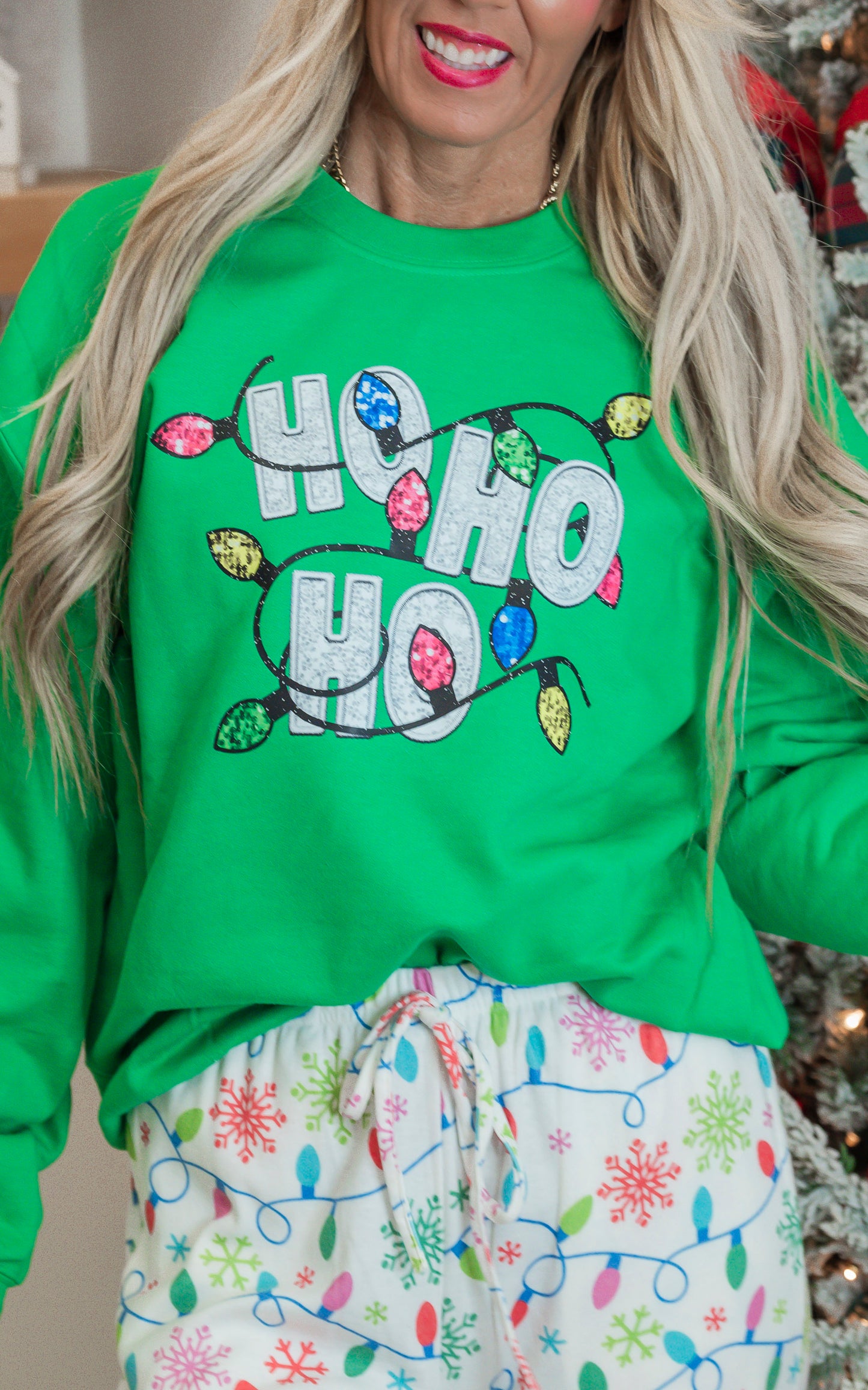 Sparkly Ho Ho Ho Holiday Green Graphic Crewneck Sweatshirt