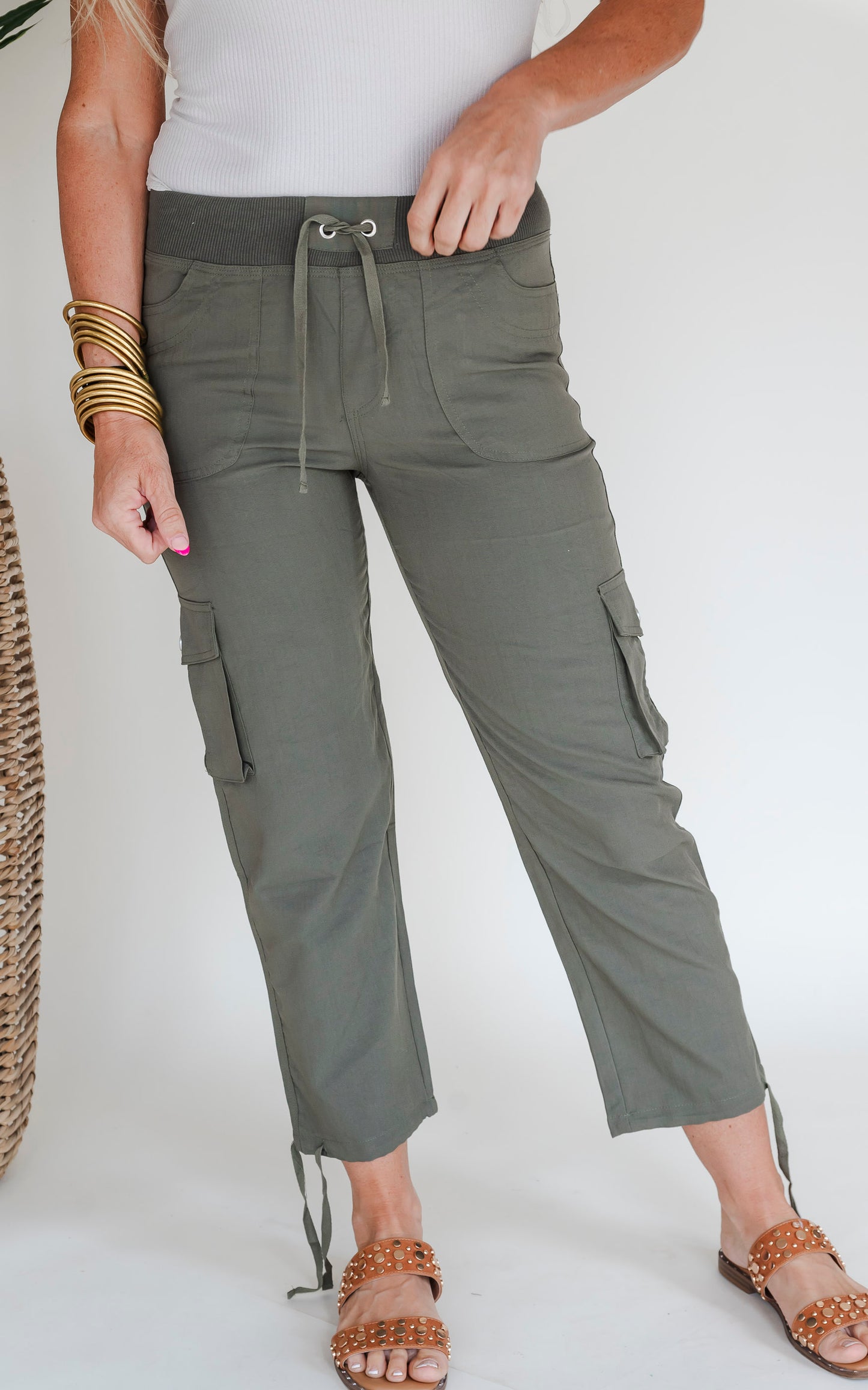 High Waisted Solid Nylon Woven Cargo Pants - Final Sale