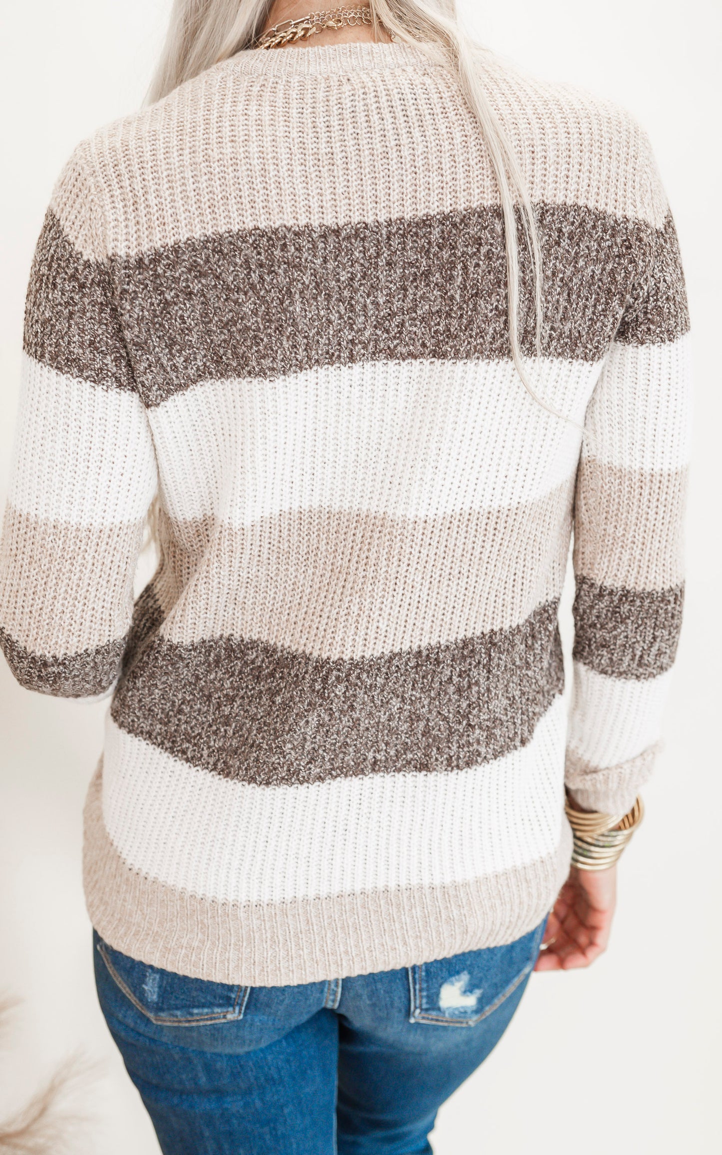 Taupe/Brown Color Block Striped Pullover Sweater