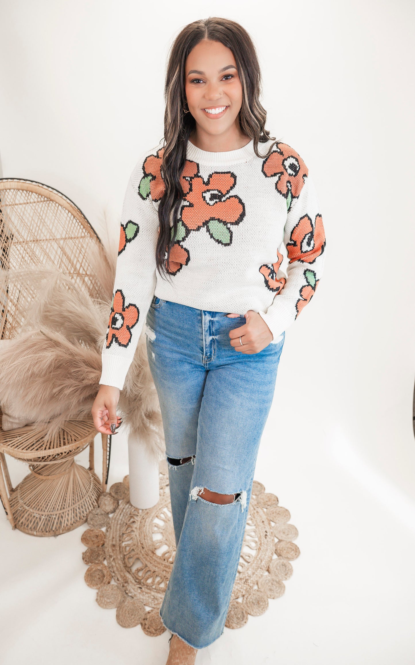 Flower Jacquard Pullover Knit Sweater