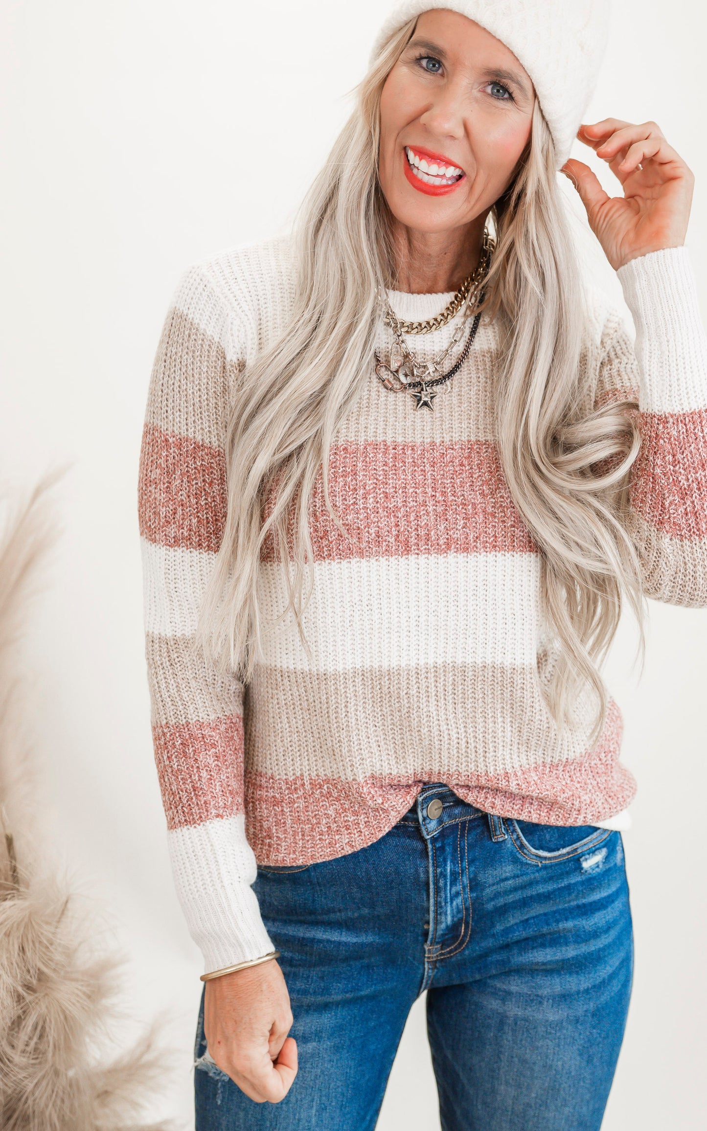 Ivory/Taupe Color Block Striped Pullover Sweater