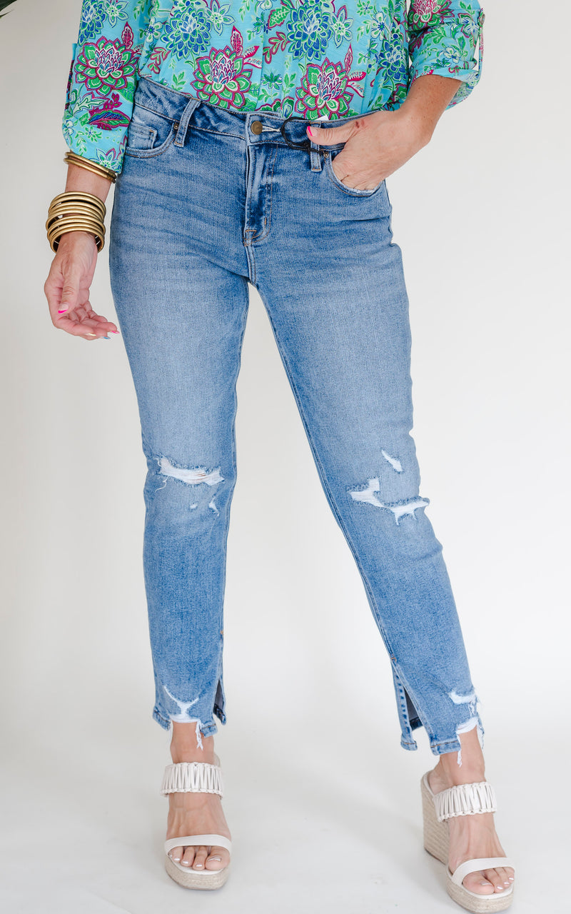 High Rise Ankle Straight w/ Side Slit Denim Jeans - Mica