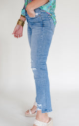 High Rise Ankle Straight w/ Side Slit Denim Jeans - Mica