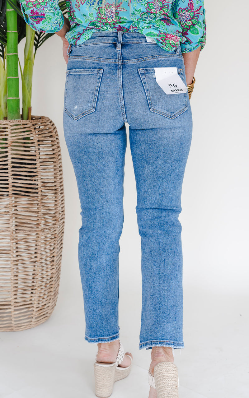 High Rise Ankle Straight w/ Side Slit Denim Jeans - Mica