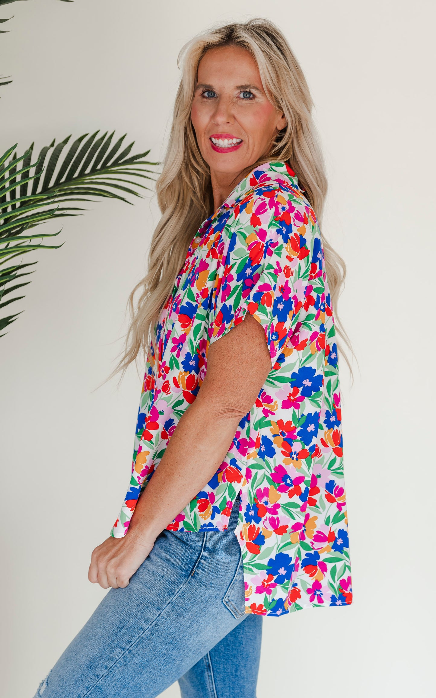 Petal Power Button Up Short Sleeve Blouse Top