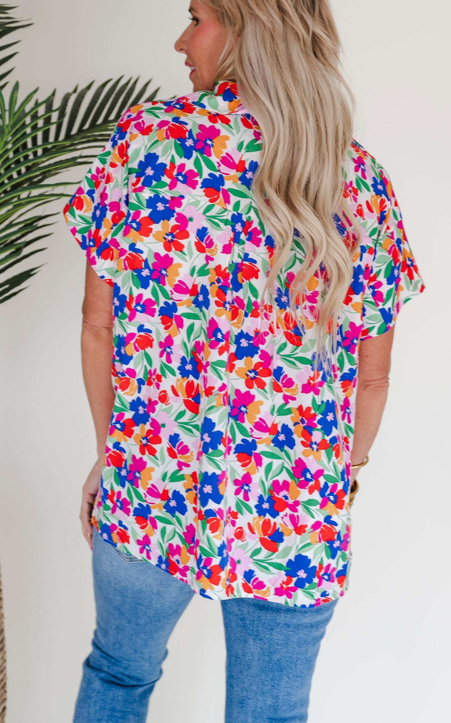 Petal Power Button Up Short Sleeve Blouse Top