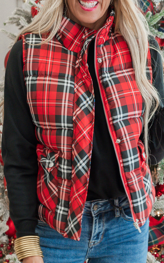 Red Plaid Puffer Vest